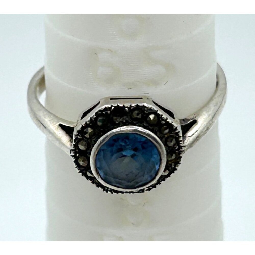 Vintage Sterling Silver Ring Blue Stone Marcasite Art Deco Revival1980s Size 7 - Picture 2 of 12